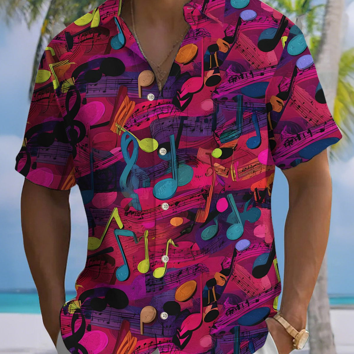 Alohadaddy® Men's Short-Sleeve Button-Down Shirt Vintage Music-Themed Graphic Print with Pocket