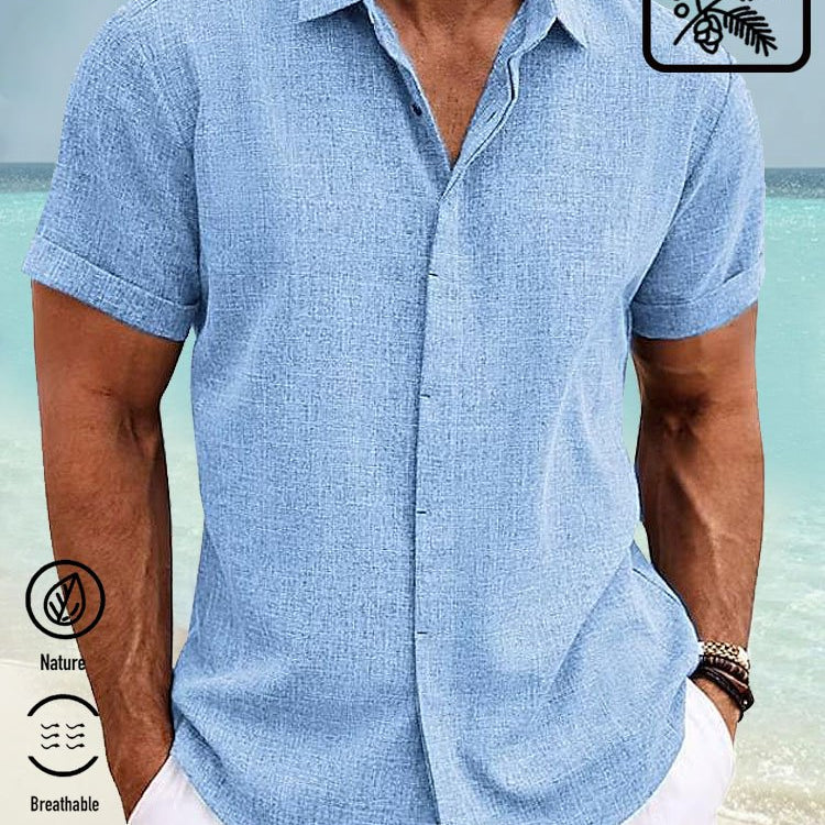 Camisa básica de lino y algodón con botones y manga corta para hombre de Alohadaddy