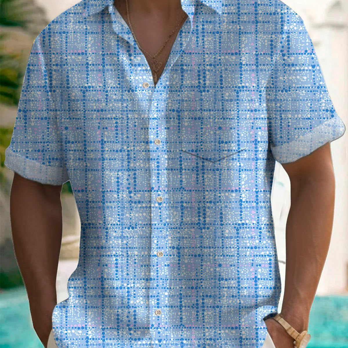 Chemise à manches courtes et poches boutonnées pour homme à imprimé géométrique rétro texturé Alohadaddy