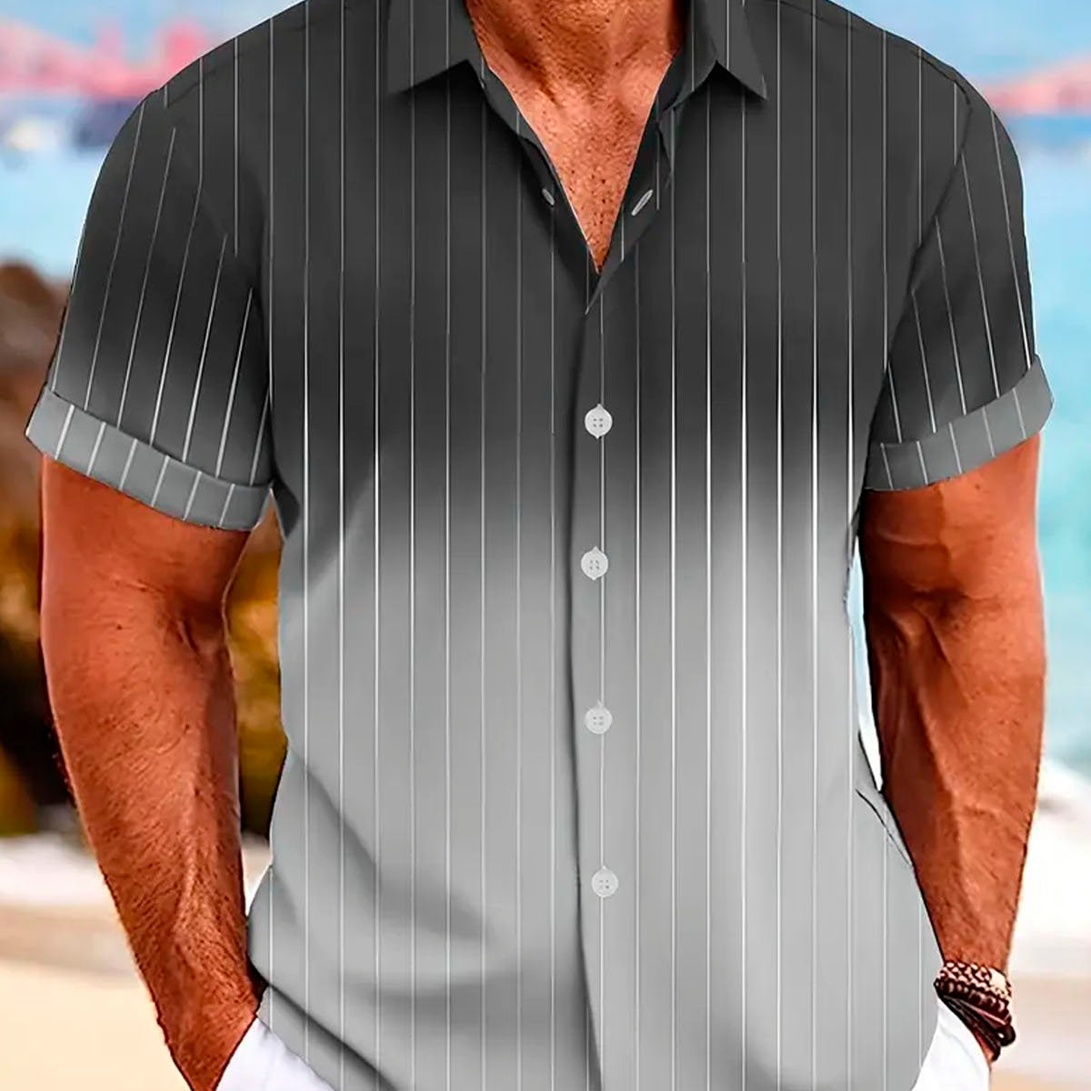Alohadaddy Retro Striped Gradient Print Men's Button Pocket Short Sleeve Shirt
