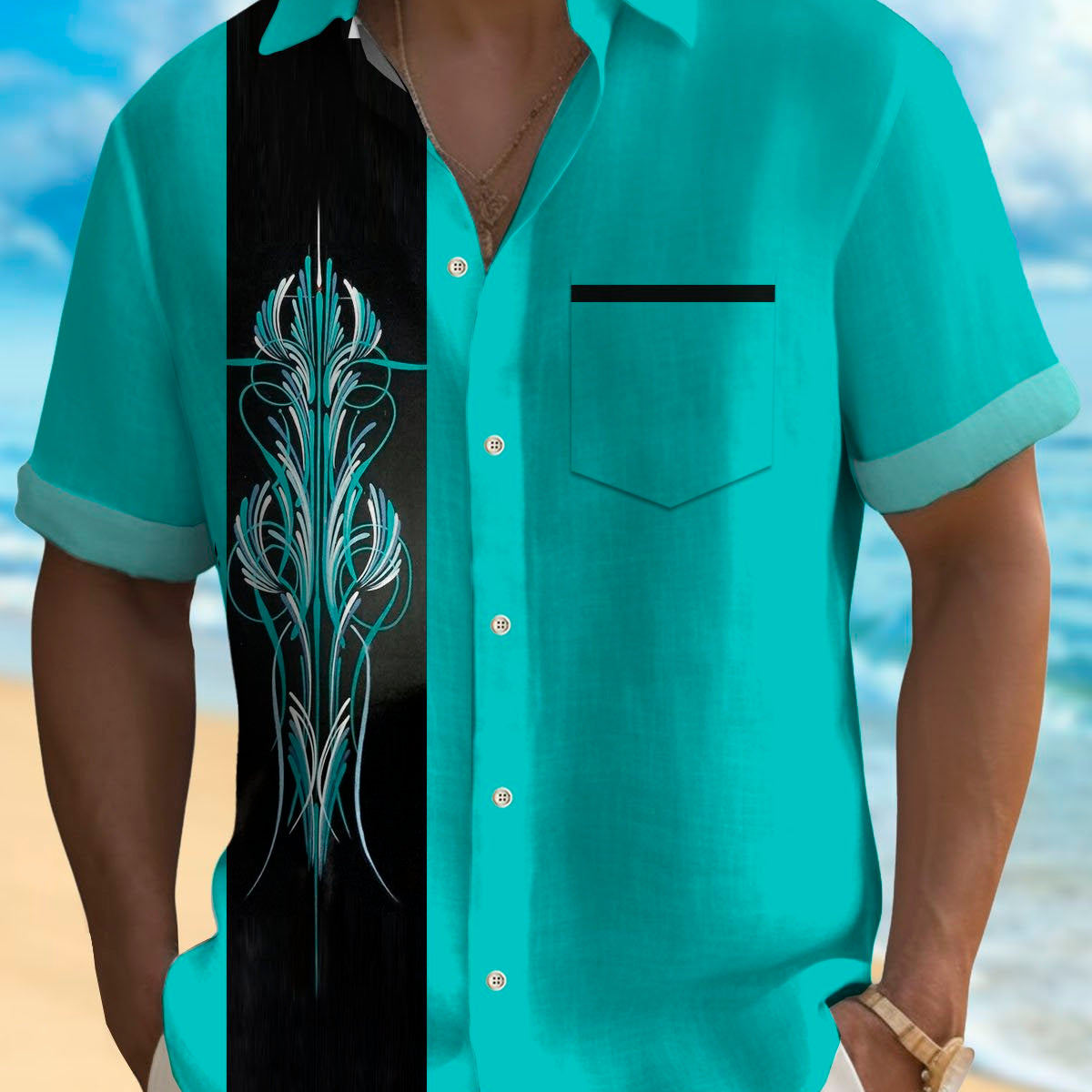 Alohadaddy Retro Bowling Automotive Pinstriped Gradient Print Men's Button Pocket Short Sleeve Shirt
