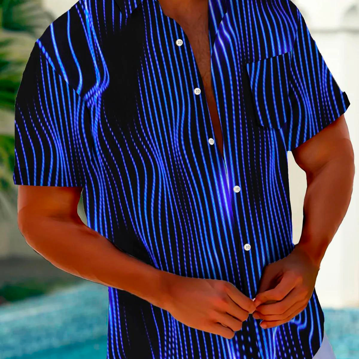 Alohadaddy Retro Abstract Gradient Stripe Print Men's Button Pocket Short Sleeve Shirt