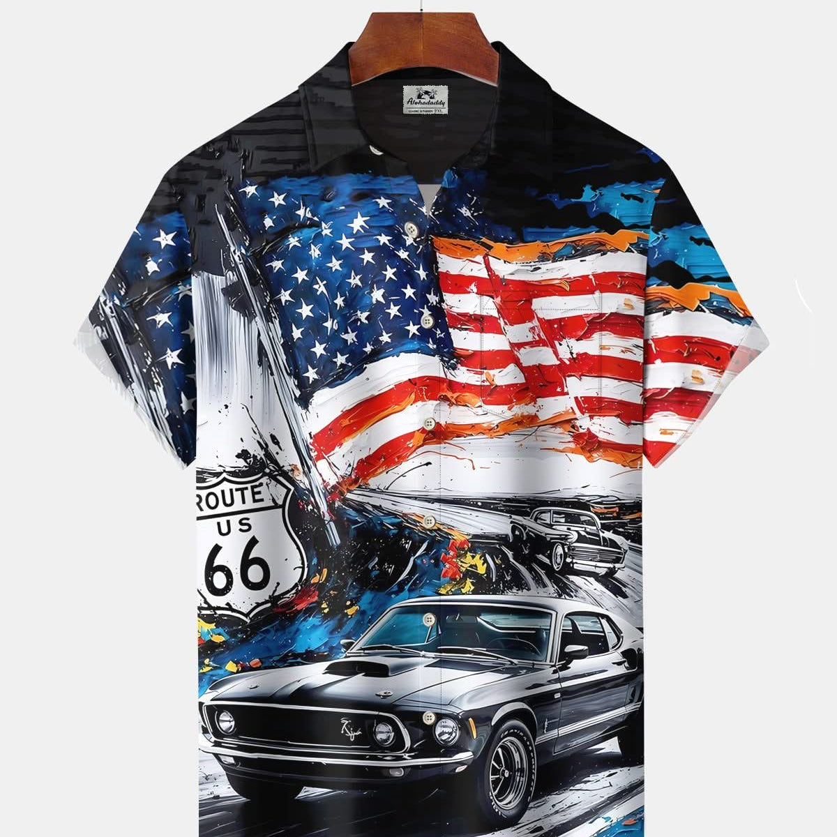 Alohadaddy® Vintage Route 66 Car Print Art Pocket Button Men's Short Sleeve Shirt Big & Tall