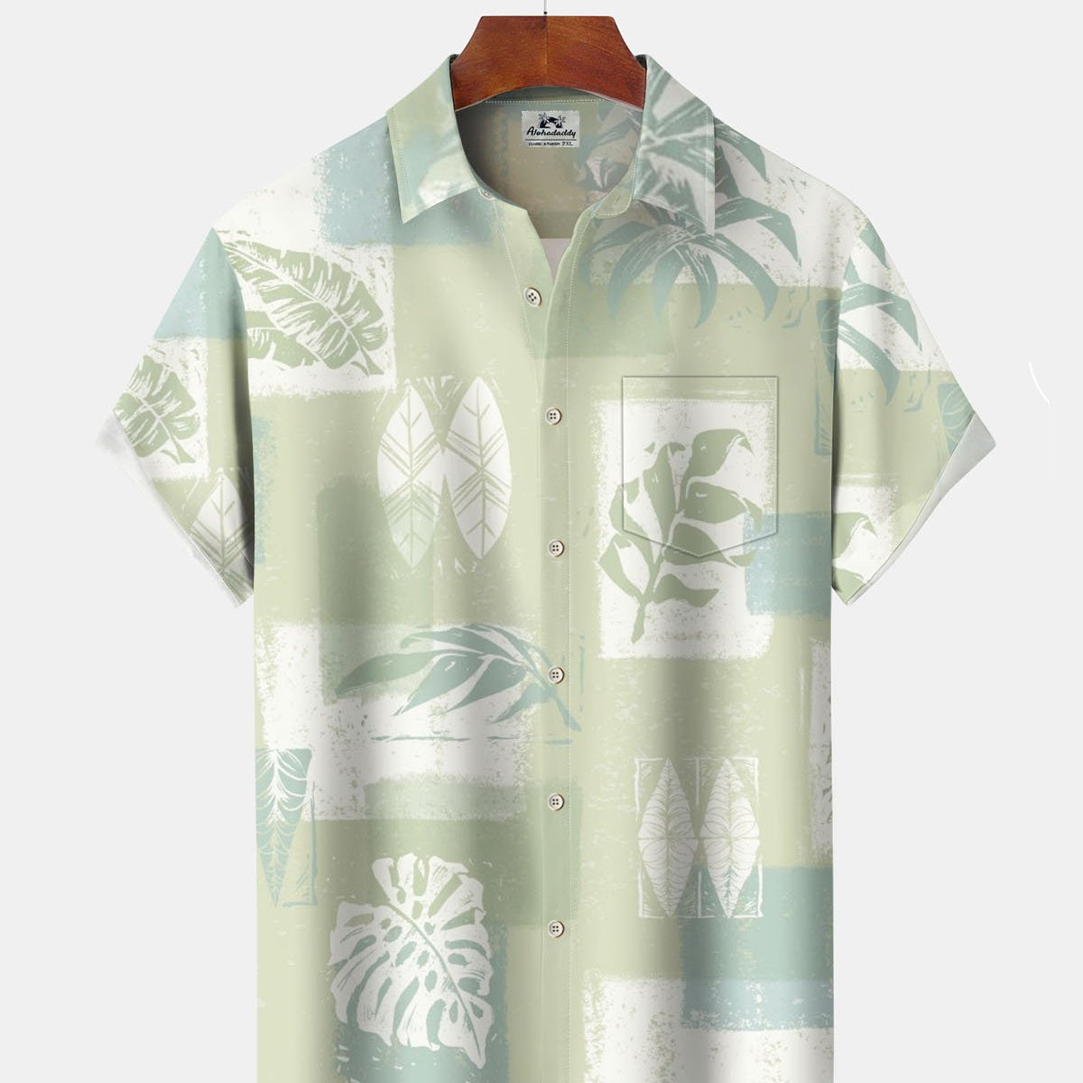 Alohadaddy® Hawaiian Geometric Palm Leaf Print Art, Pockets, Buttons, Stretch, Men's Short-Sleeve Shirt, Big & Tall