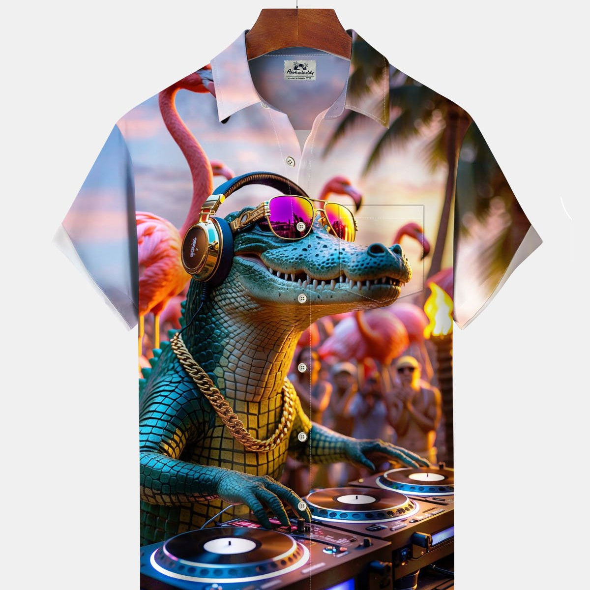Alohadaddy® Hawaiian Crocodile Music Party Print Art Stretch Pocket Button Men's Short Sleeve Shirt Big & Tall