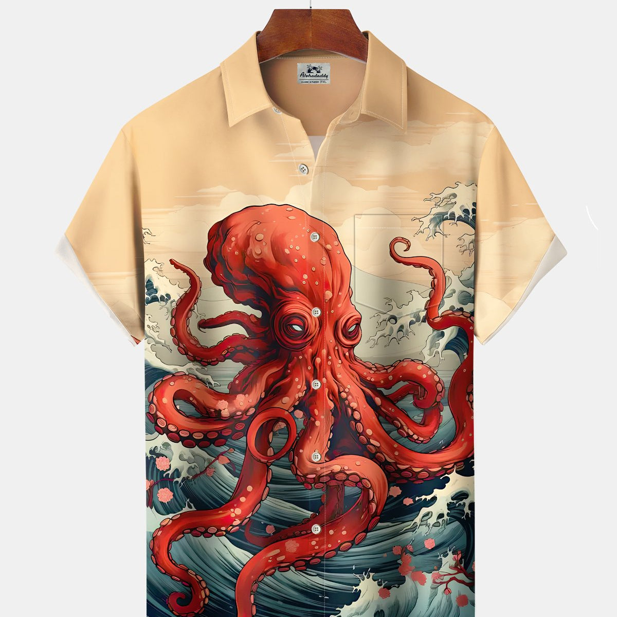 Alohadaddy® Men's Short-Sleeve Button-Down Shirt Vintage Ukiyo-e Octopus Print with Pocket