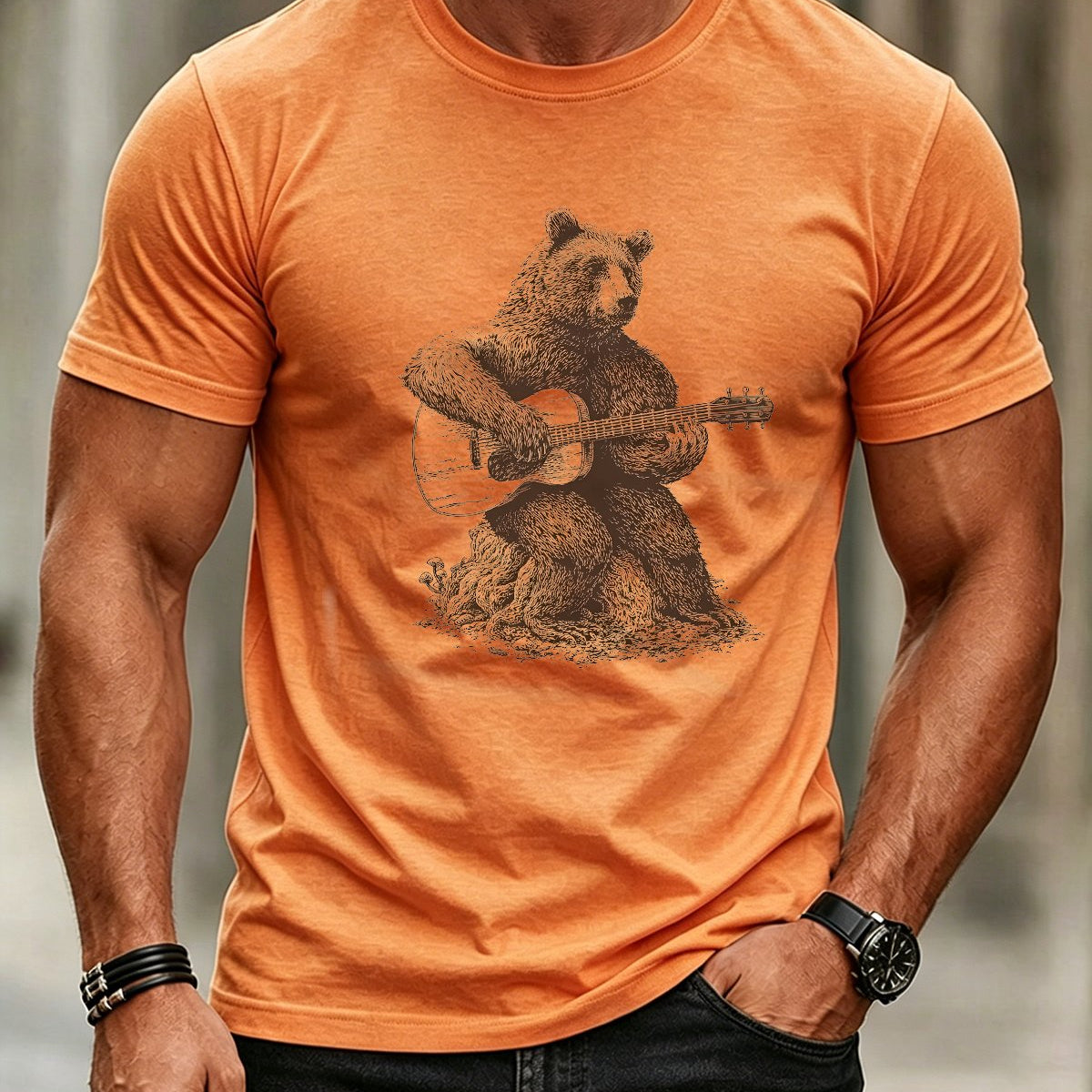 Alohadaddy® Retro Guitar Bear Music Print Crew Neck Short Sleeve T-Shirt