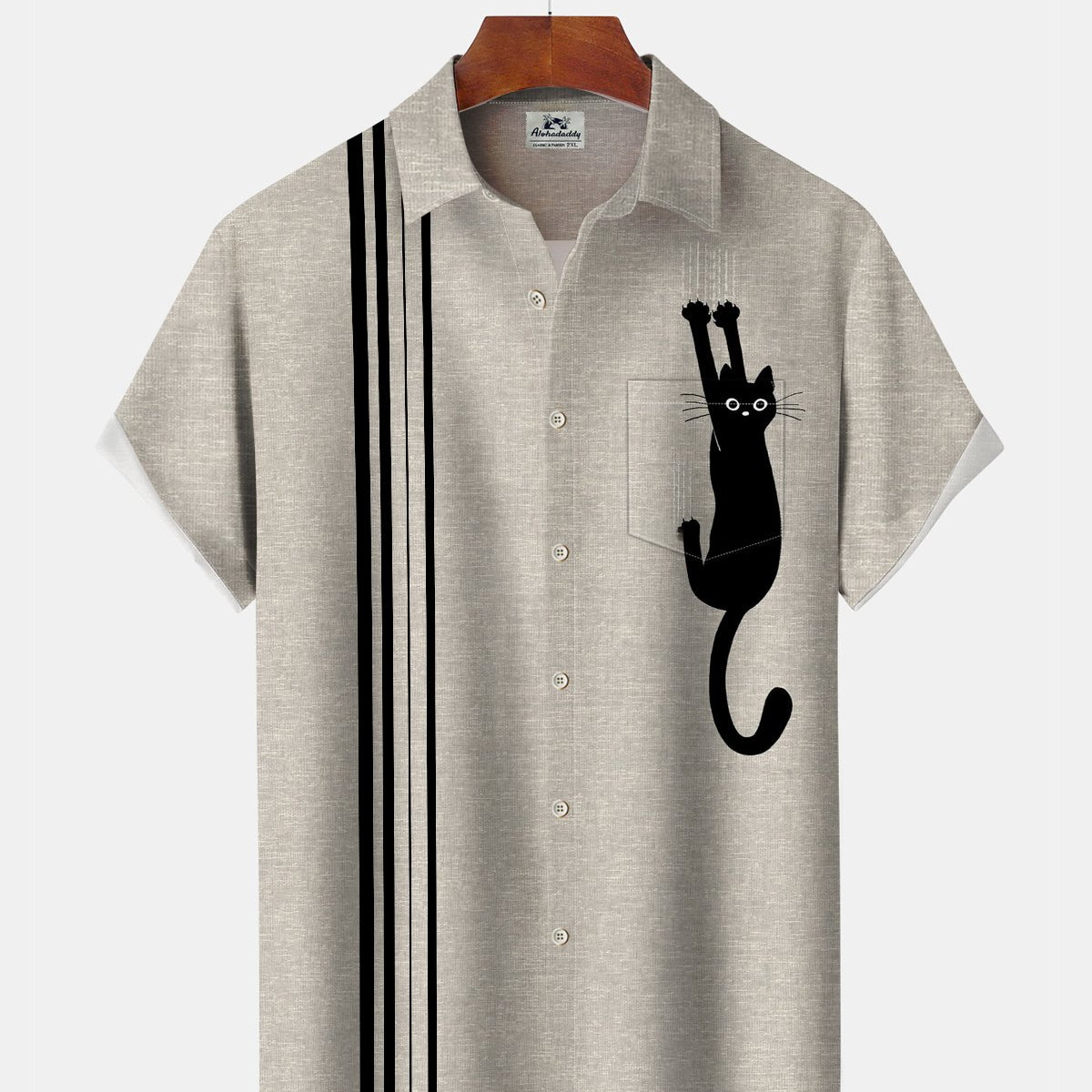 Alohadaddy® Retro Striped Cat Art Print Men's Short-Sleeve Shirt with Pocket Buttons and Elasticity - Big & Tall