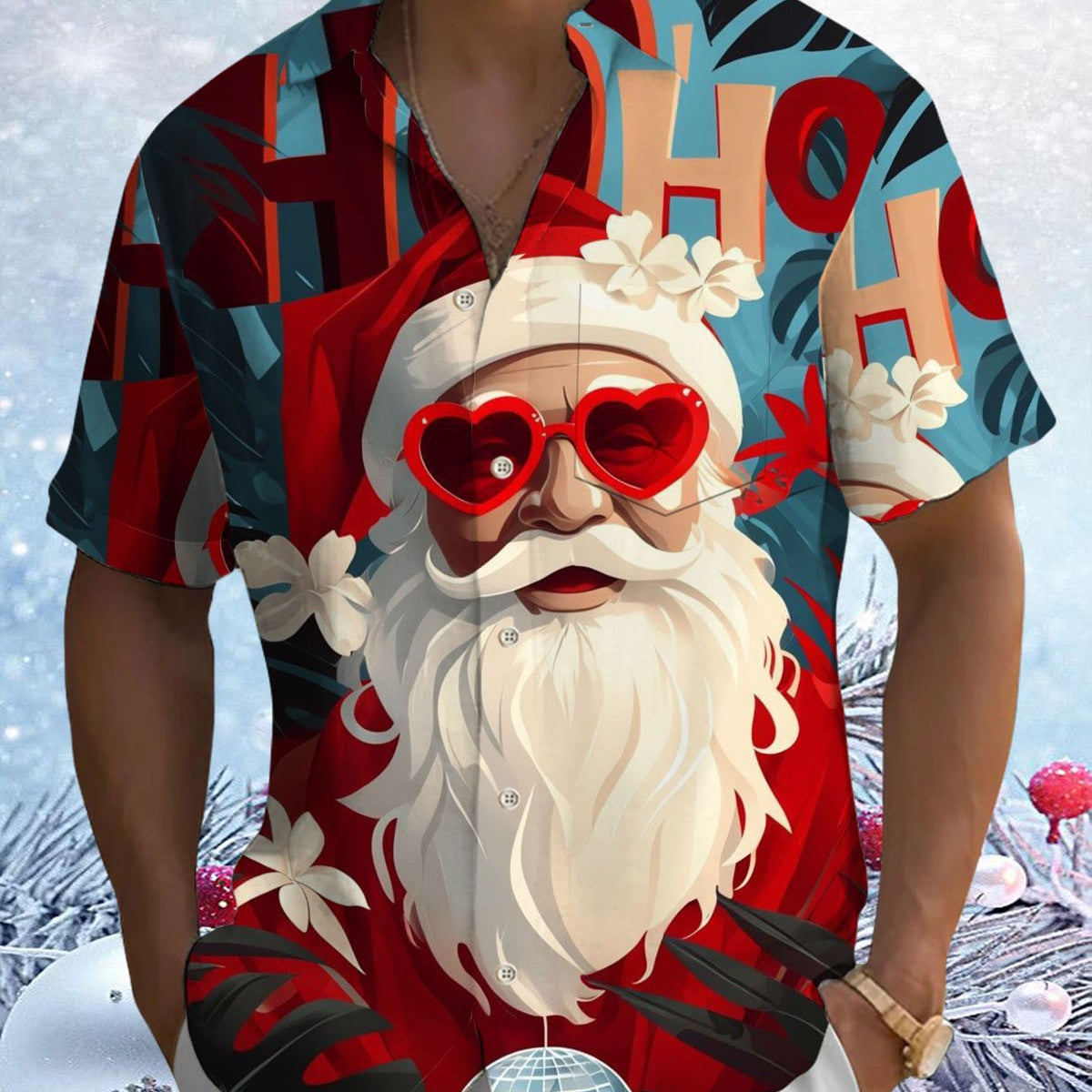 Alohadaddy® Christmas Santa Claus Hollywood Art Print Stretch Button Pocket Men's Short Sleeve Shirt Big & Tall