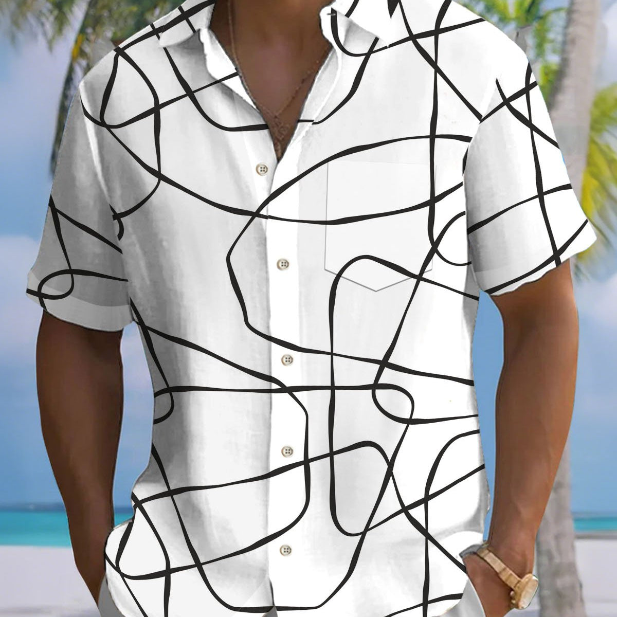 Alohadaddy® Casual Abstract Striped Print Art Button Cardigan Pocket Men's Short Sleeve Shirt Big & Tall