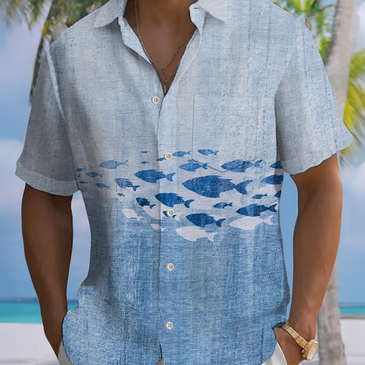 Alohadaddy® Hawaiian Fish Print Art Button Pocket Cardigan Men's Short Sleeve Shirt Big & Tall