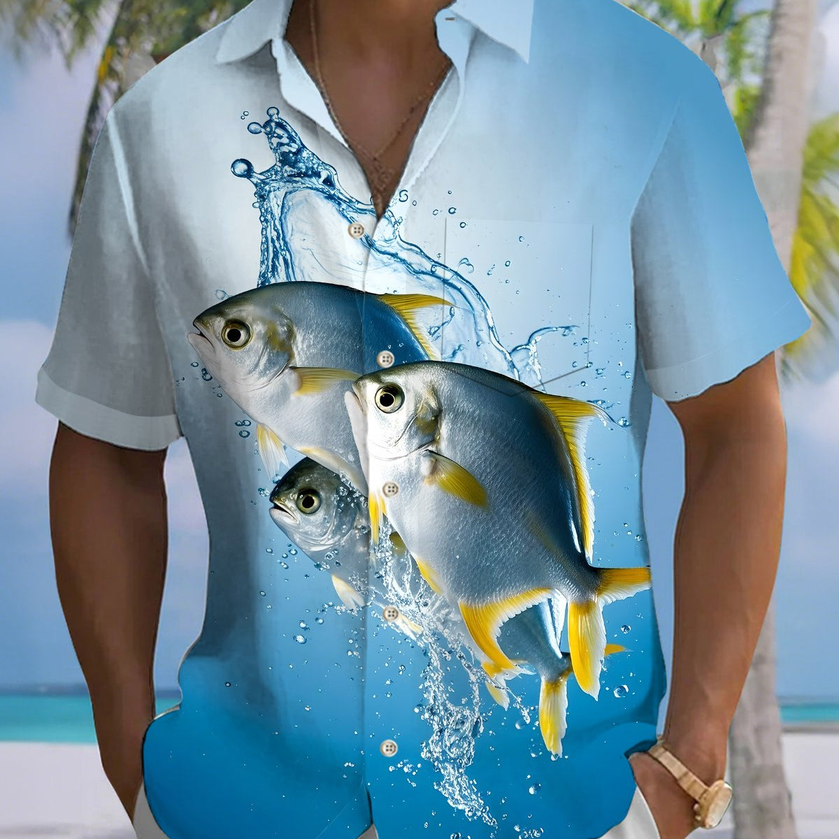 Alohadaddy® Hawaiian Fish Print Art Button Pocket Cardigan Men's Short Sleeve Shirt