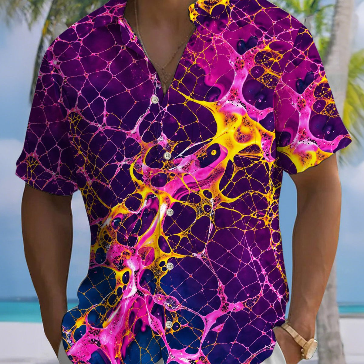 Alohadaddy® Vintage Abstract Art Print Art Button Pocket Cardigan Men's Short Sleeve Shirt