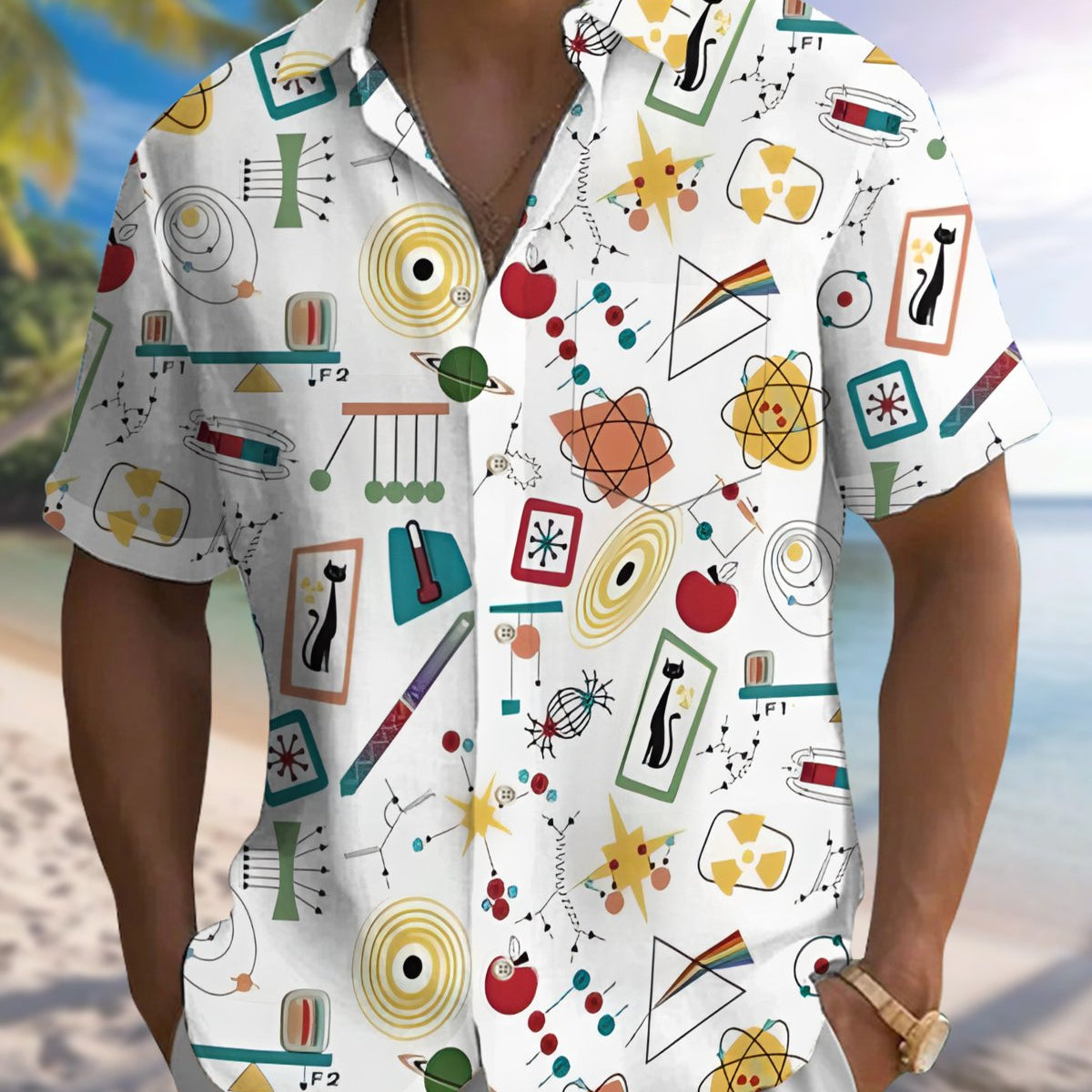 Alohadaddy® Casual Geometric Print Art Button Pocket Cardigan Men's Short Sleeve Shirt