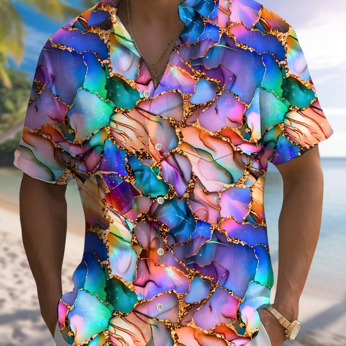 Alohadaddy® Men's Short-Sleeve Button-Down Shirt Vintage Abstract Art Print with Pocket