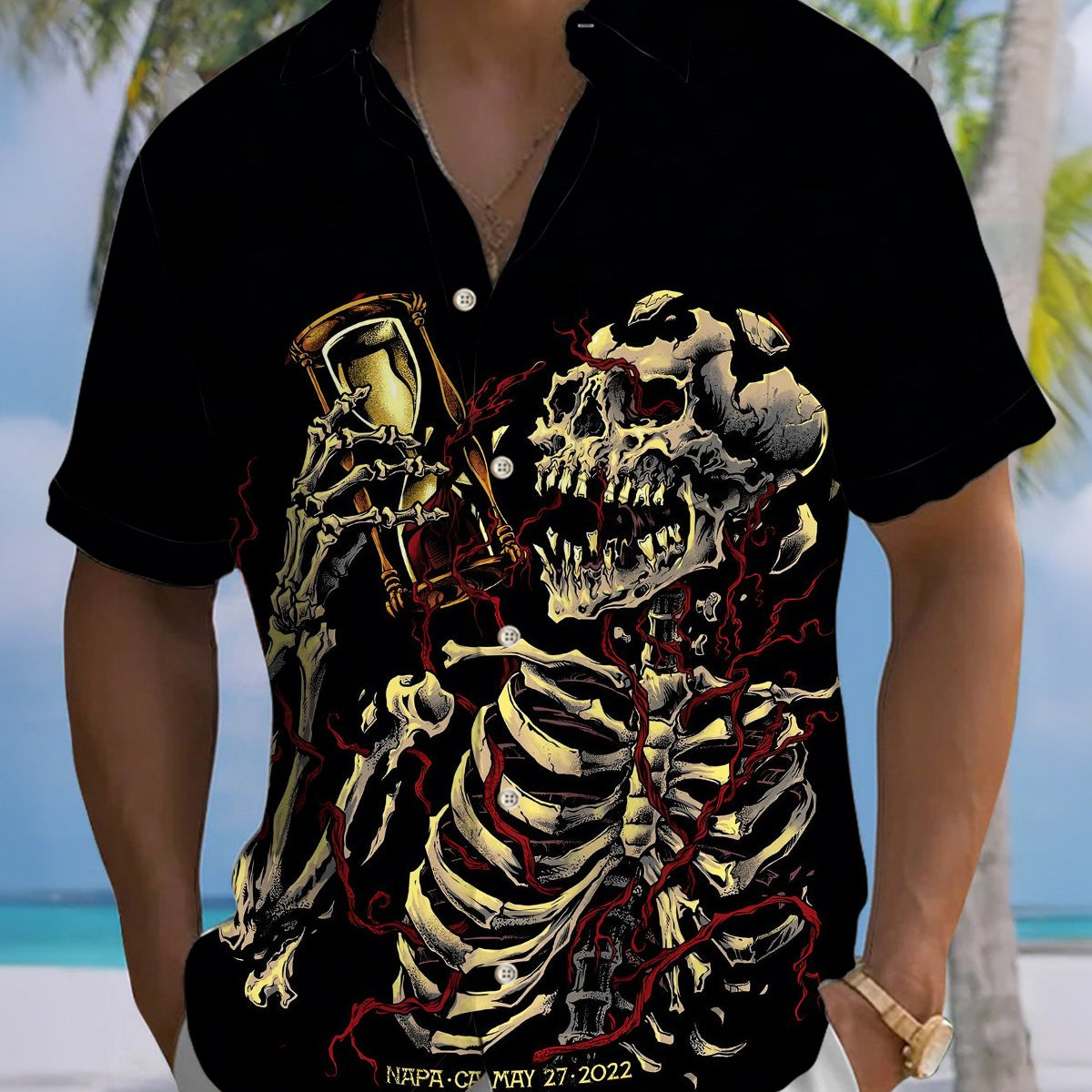Alohadaddy® Men's Casual Short-Sleeve Button-Down Shirt with Skull Band Graphic Print and Pocket