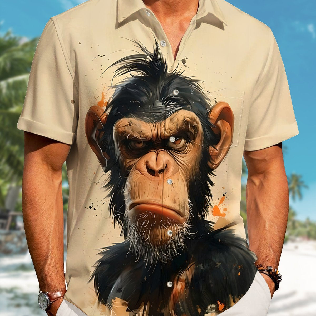 Alohadaddy Casual Collection Oil Painting Angry Orangutan Print Art Button Cardigan Pocket Elastic Oversized Short Sleeve Shirt