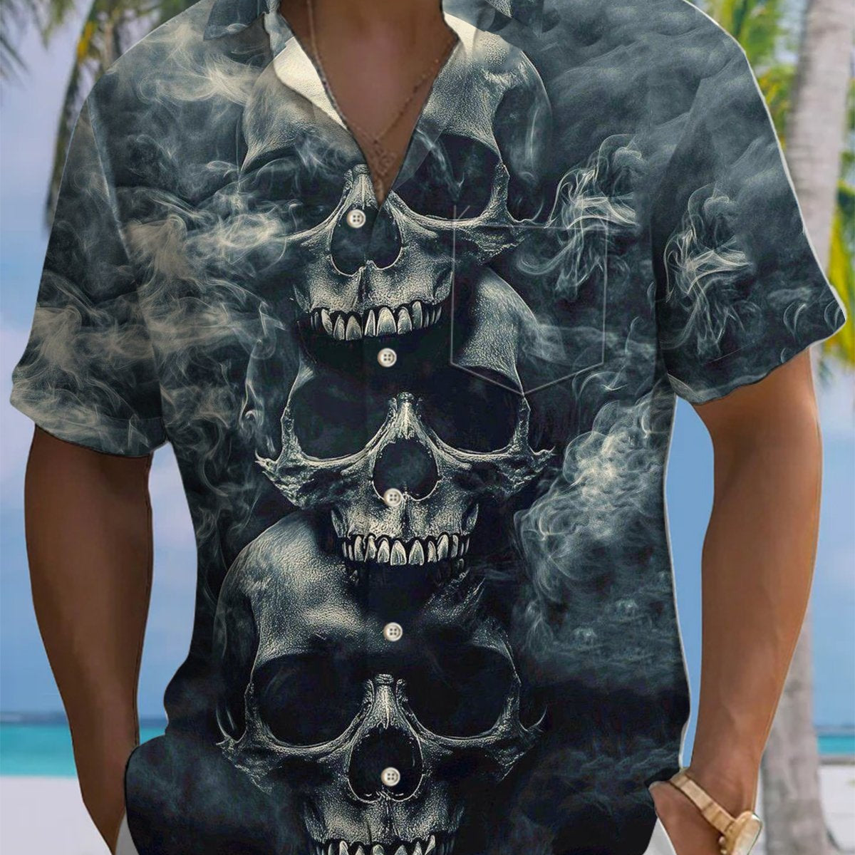 Alohadaddy® Casual Skull Print Pocket Men's Stretch Short Sleeve Shirt Big & Tall