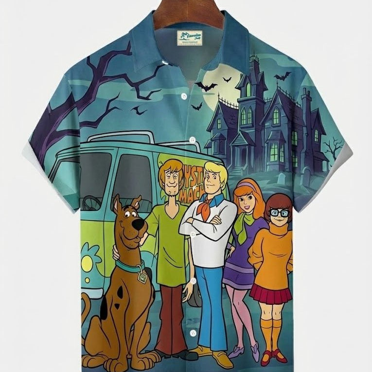 Alohadaddy® Hawaiian Retro Cartoon Print Men's Button-Down Short-Sleeve Shirt Big & Tall