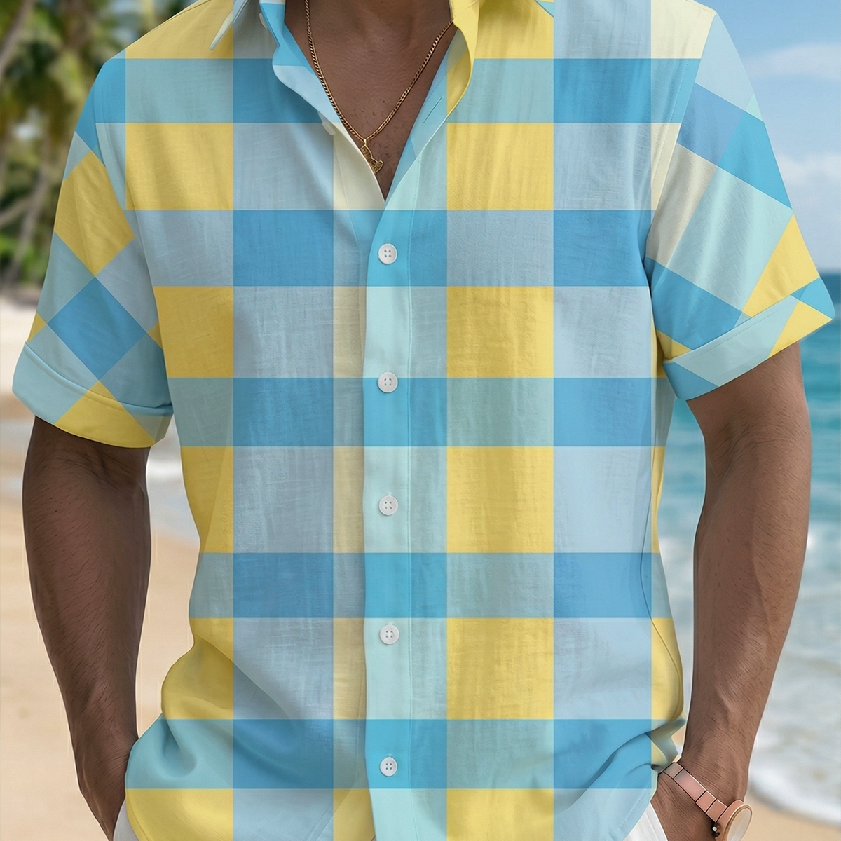 Alohadaddy® Men's Basic Pastel Plaid Check Print Button-Down Pocket Short-Sleeve Shirt Big & Tall