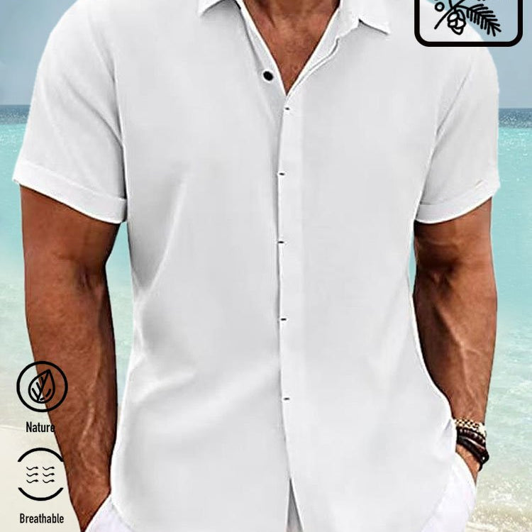 Camisa básica de lino y algodón con botones y manga corta para hombre de Alohadaddy