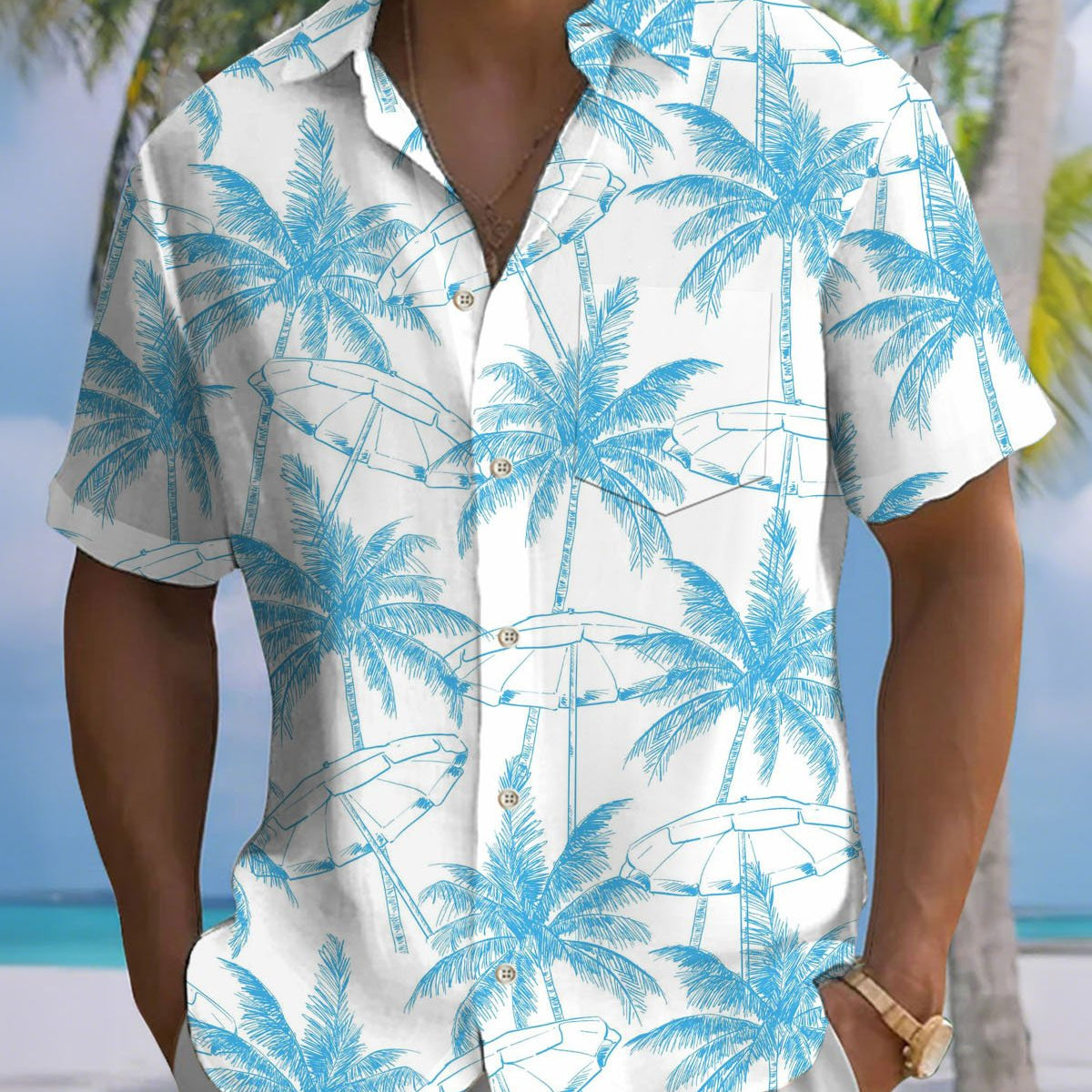 Alohadaddy® Hawaiian Palm Tree Print Art Button Cardigan Pocket Men's Short Sleeve Shirt Big & Tall