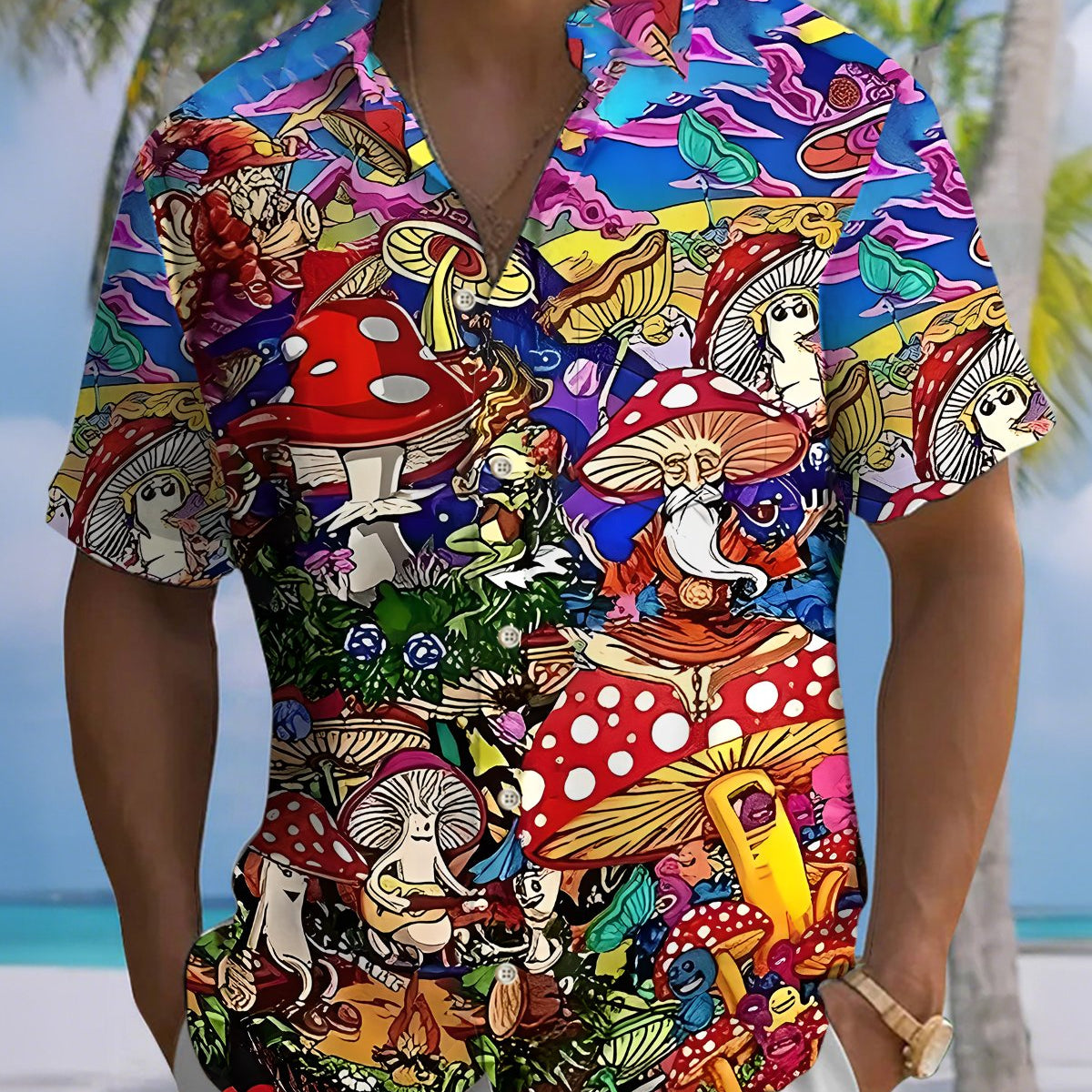 Alohadaddy® Vintage Fly Agaric Mushroom Print Art Buttons Pockets Cardigan, Men's Short-Sleeve Shirt Big & Tall