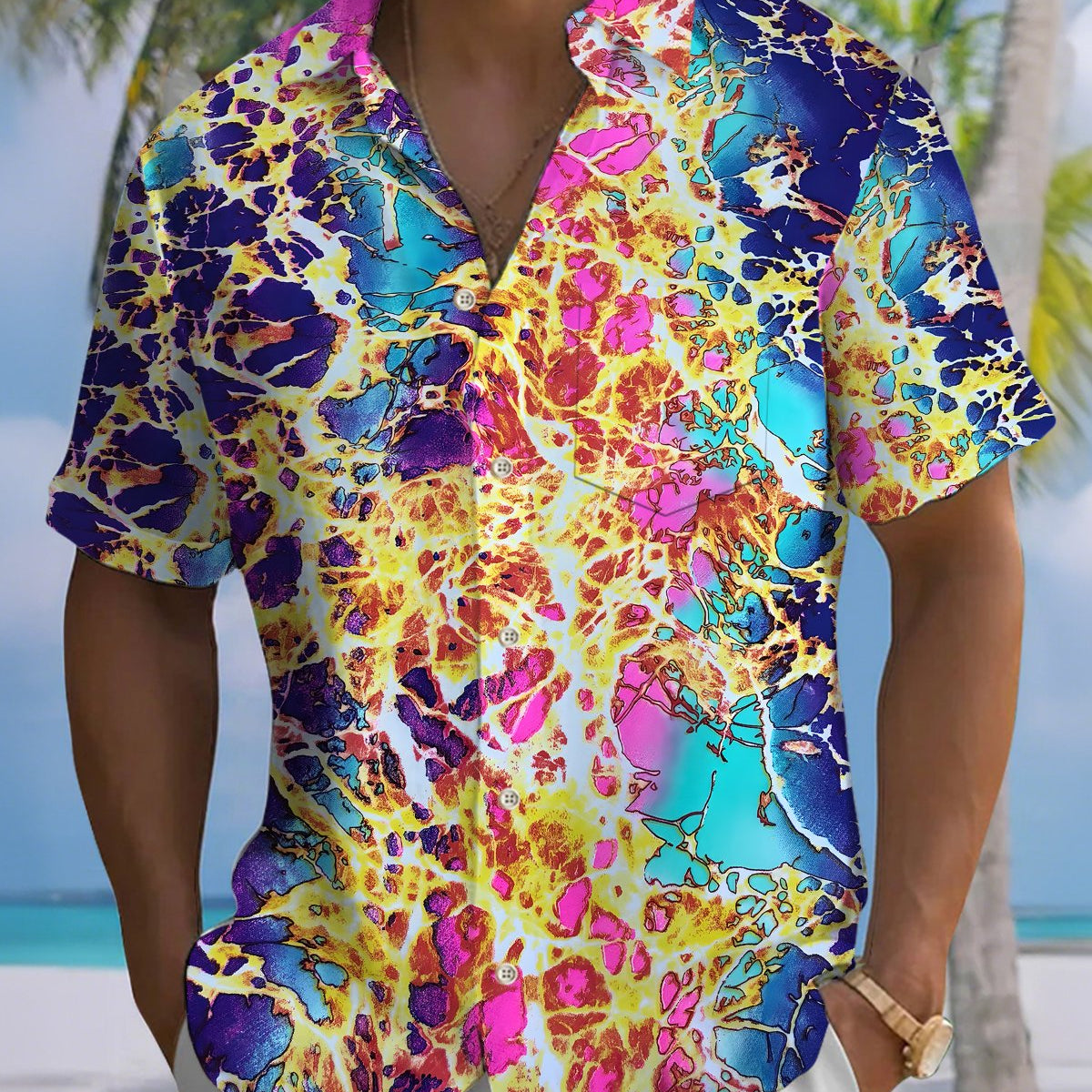 Alohadaddy® Vintage Abstract Print Art Button Pocket Cardigan Men's Short Sleeve Shirt
