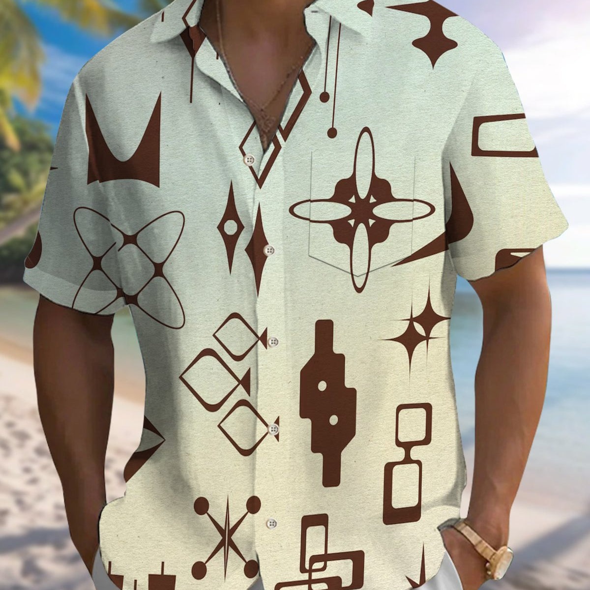 Alohadaddy® Men's Short-Sleeve Shirt Casual Geometric Art Print Button-Down Cardigan with Pockets