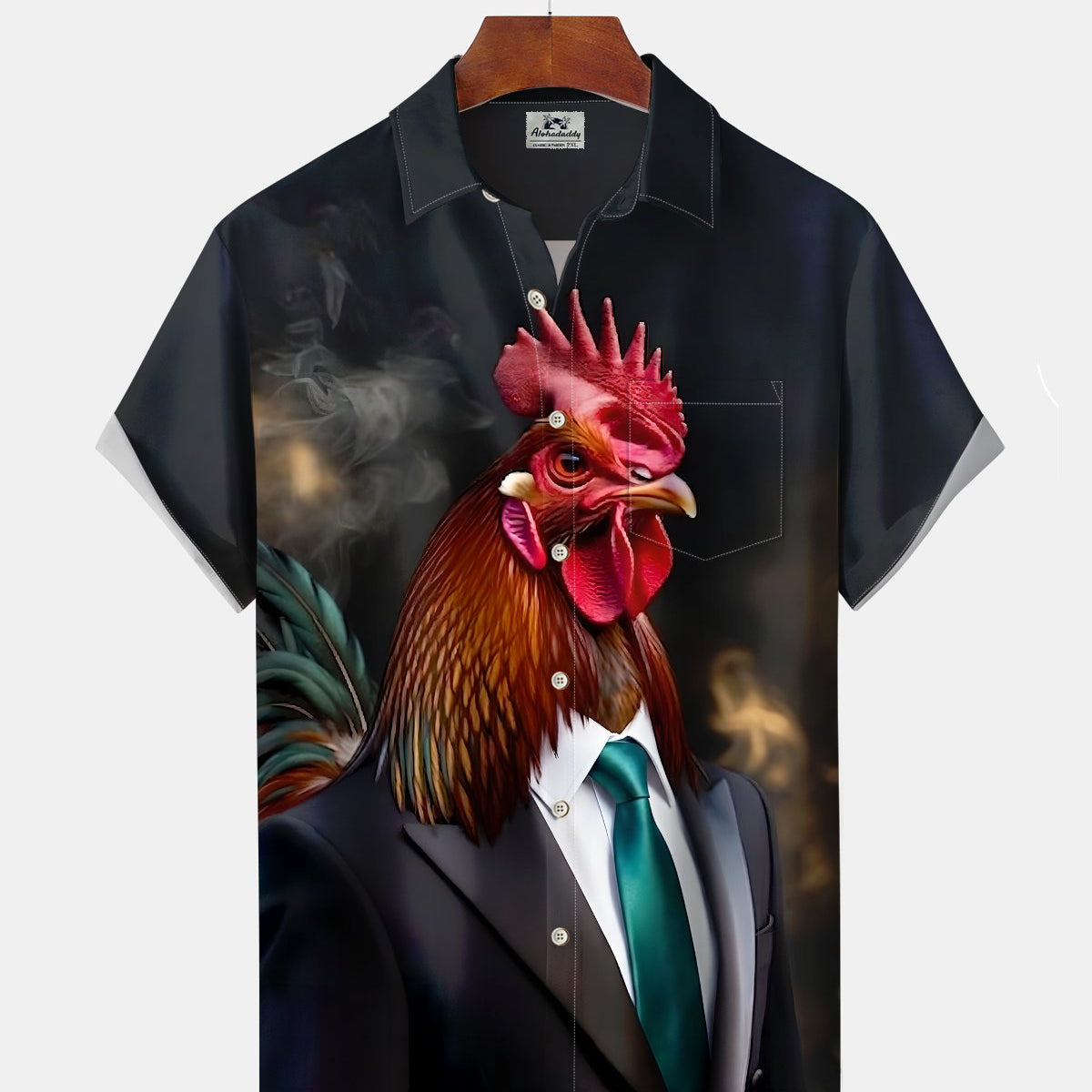Alohadaddy® Casual Rooster Print Art Button Pocket Cardigan Men's Short Sleeve Shirt