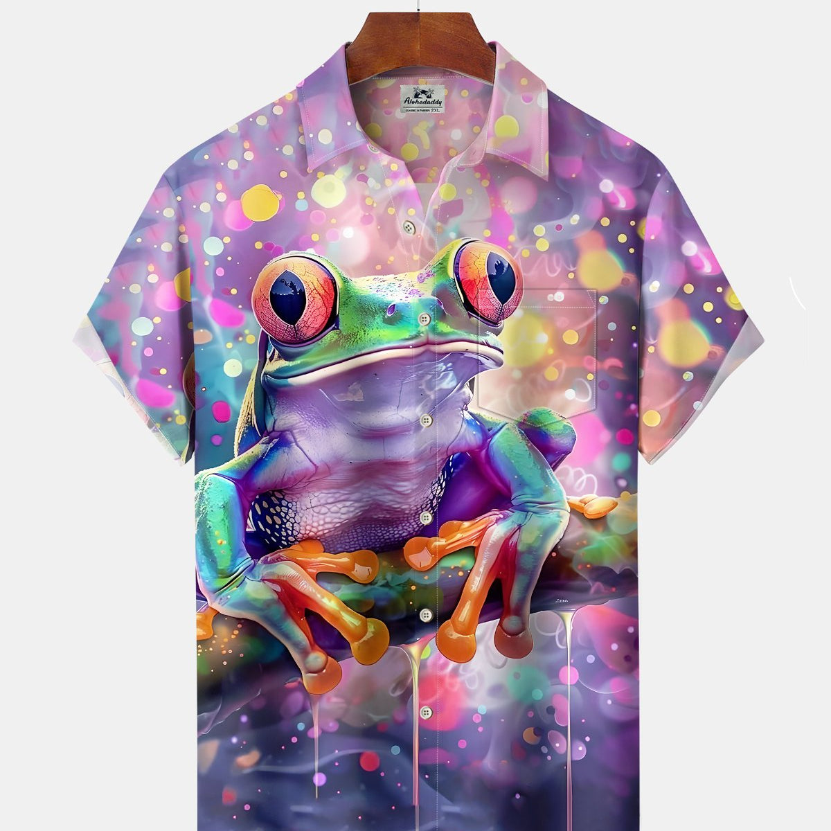 Alohadaddy® Vintage Frog Print Art Button Pocket Cardigan Men's Short Sleeve Shirt