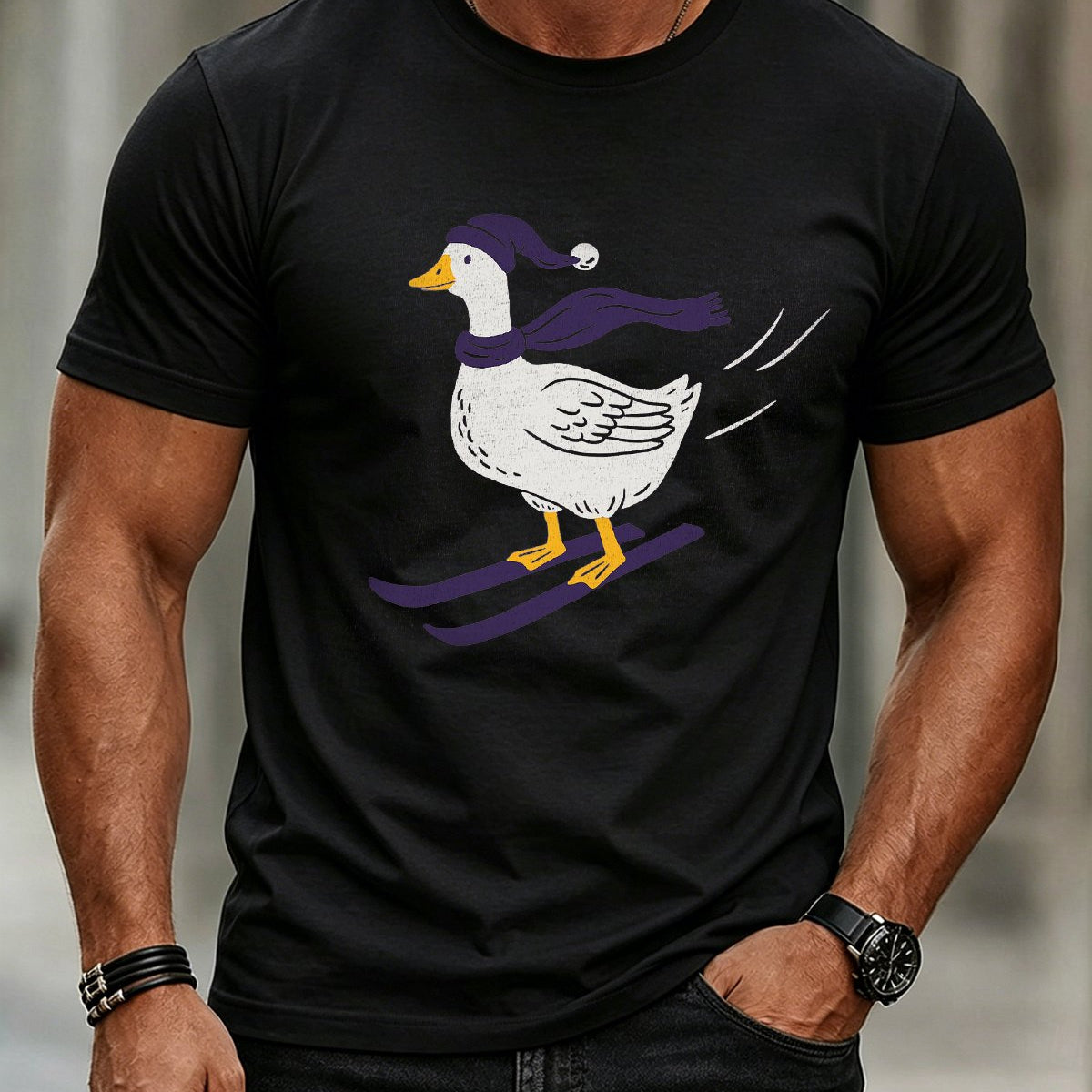 Alohadaddy® Men's Casual Short-Sleeve Crewneck T-Shirt with Skiing Duck Print