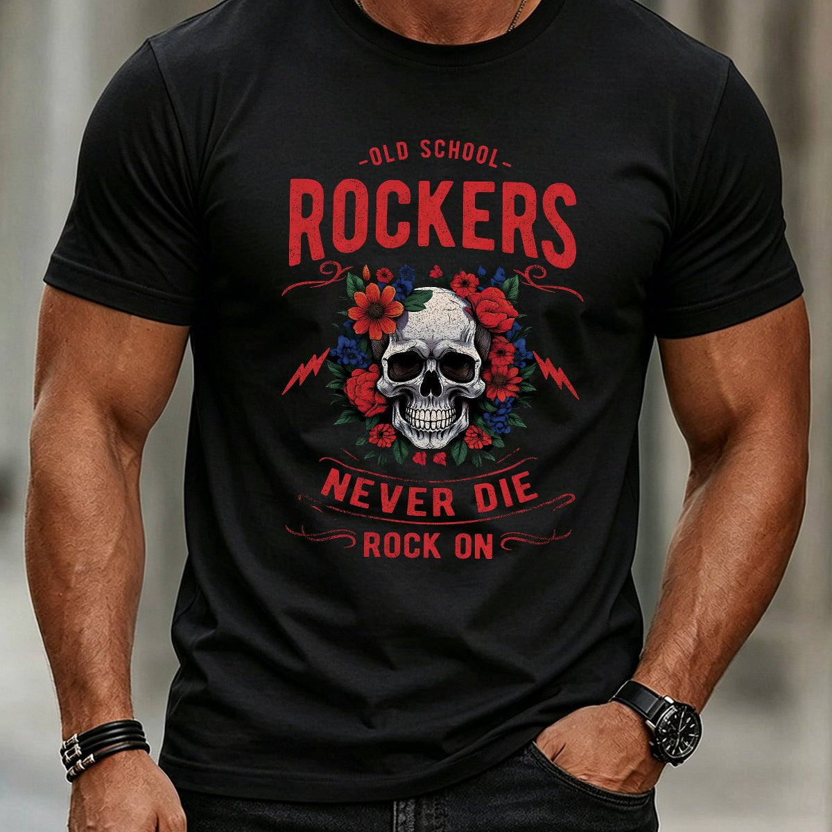Alohadaddy® Vintage Skull Rock Music Print Crew Neck Short-Sleeve T-Shirt