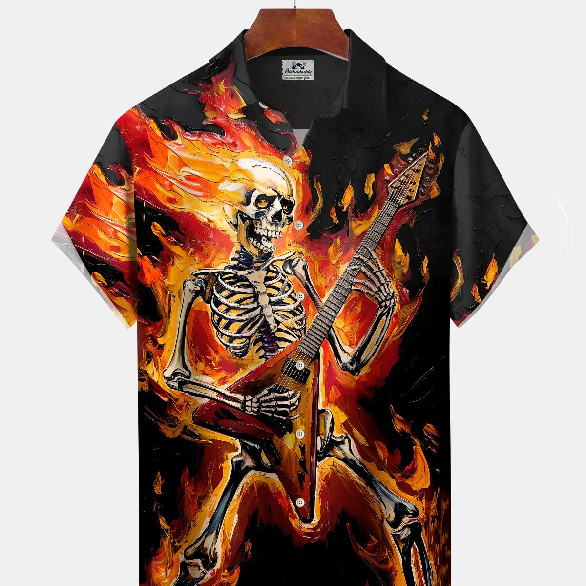 Alohadaddy® Men's Short-Sleeve Cardigan Shirt Vintage Skull & Music Art Print with Pocket