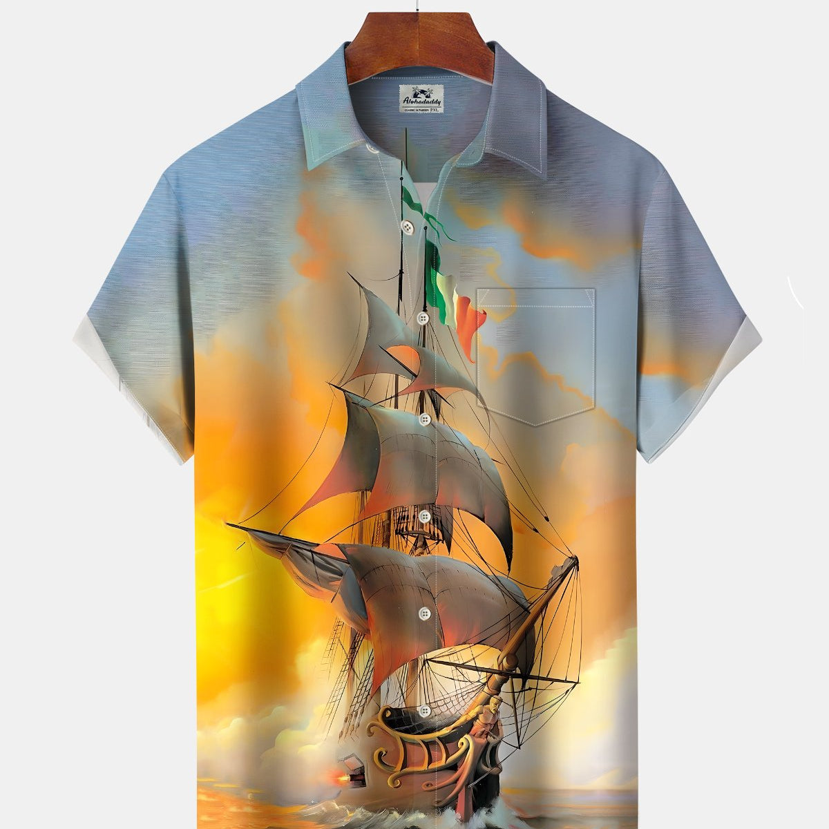 Alohadaddy® Men's Short-Sleeve Button-Down Shirt with Sailboat Print Pocket and Cardigan-Style Front