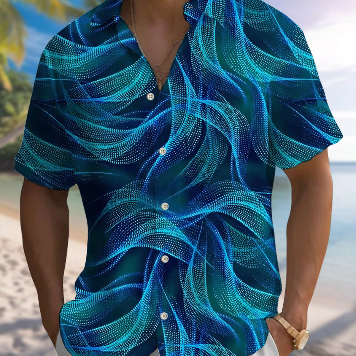 Alohadaddy® Men's Short-Sleeve Button-Down Shirt Casual Abstract Art Print with Pocket