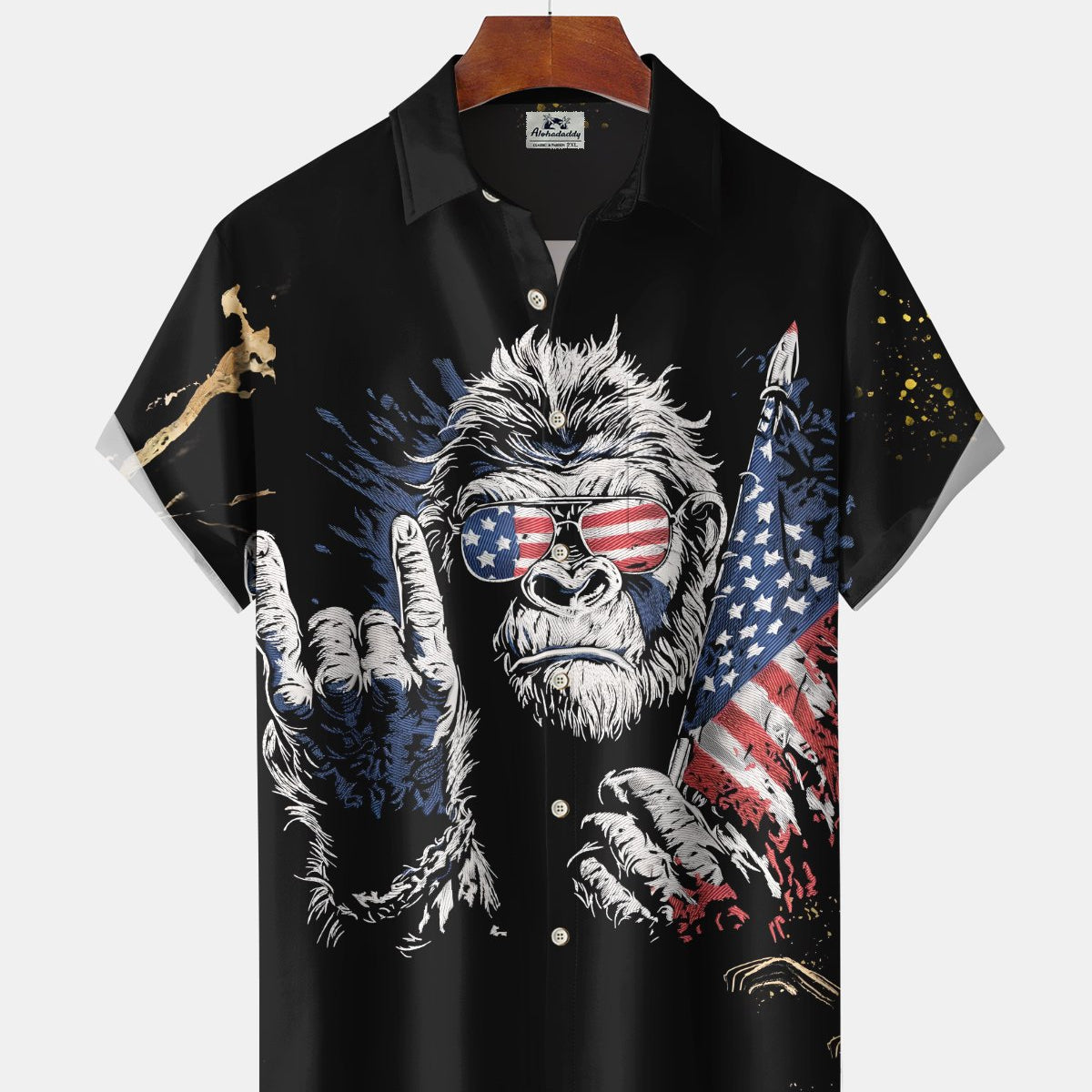 Alohadaddy® Men's Short-Sleeve Button-Down Shirt USA 250th Anniversary Bigfoot Print, Pocket Cardigan Style