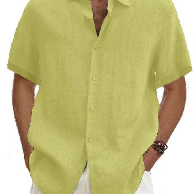 Camisa de manga corta con botones de lino y algodón de color liso para hombre
