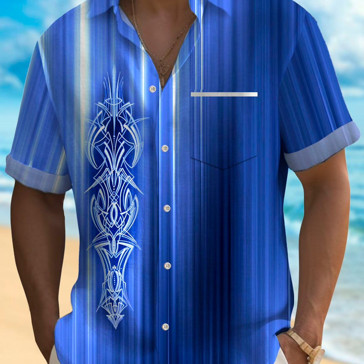 Alohadaddy Retro Car Pinstriped Bowling Gradient Print Men's Button Pocket Short Sleeve Shirt