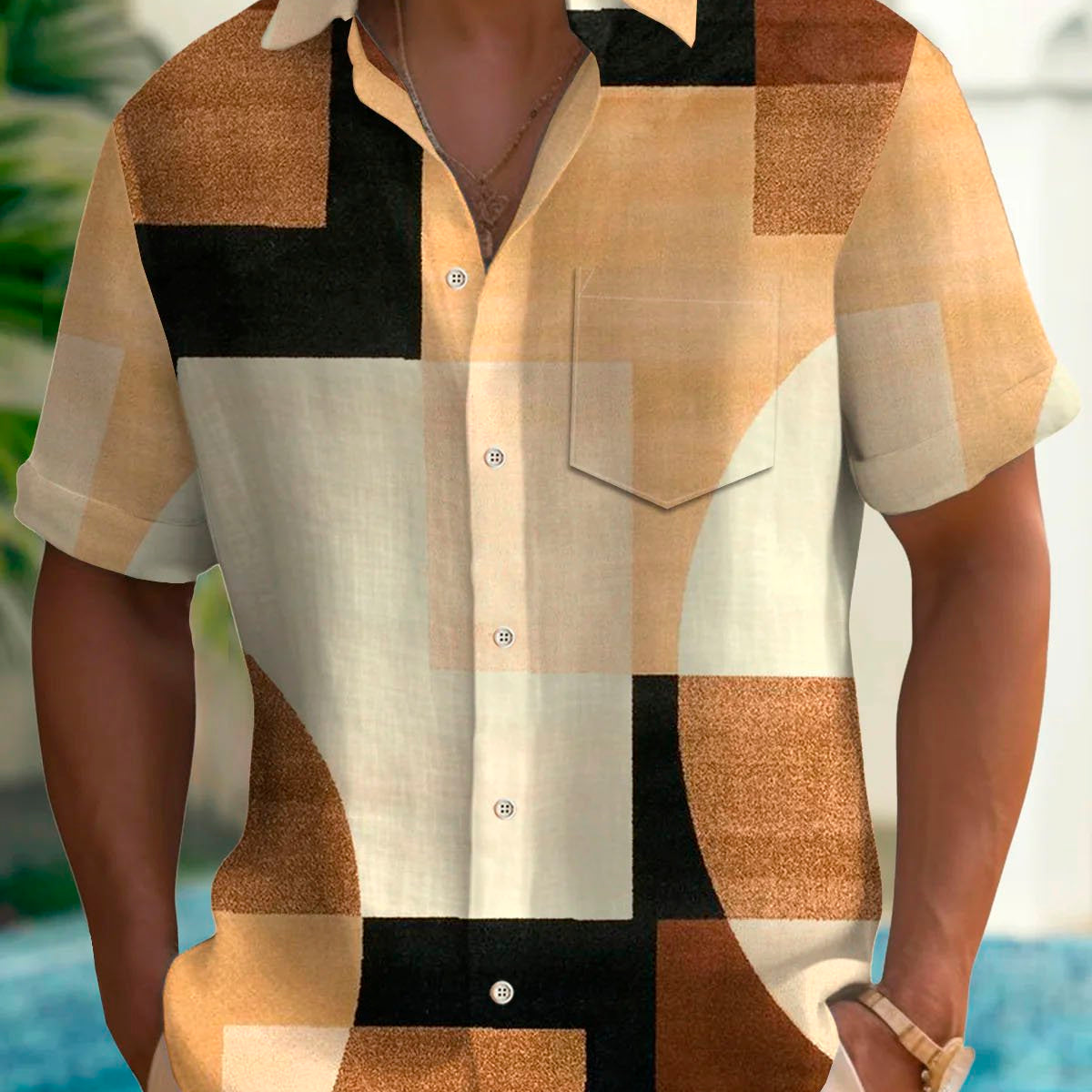 Alohadaddy Retro Geometric Color Block Print Men's Button Pocket Short Sleeve Shirt