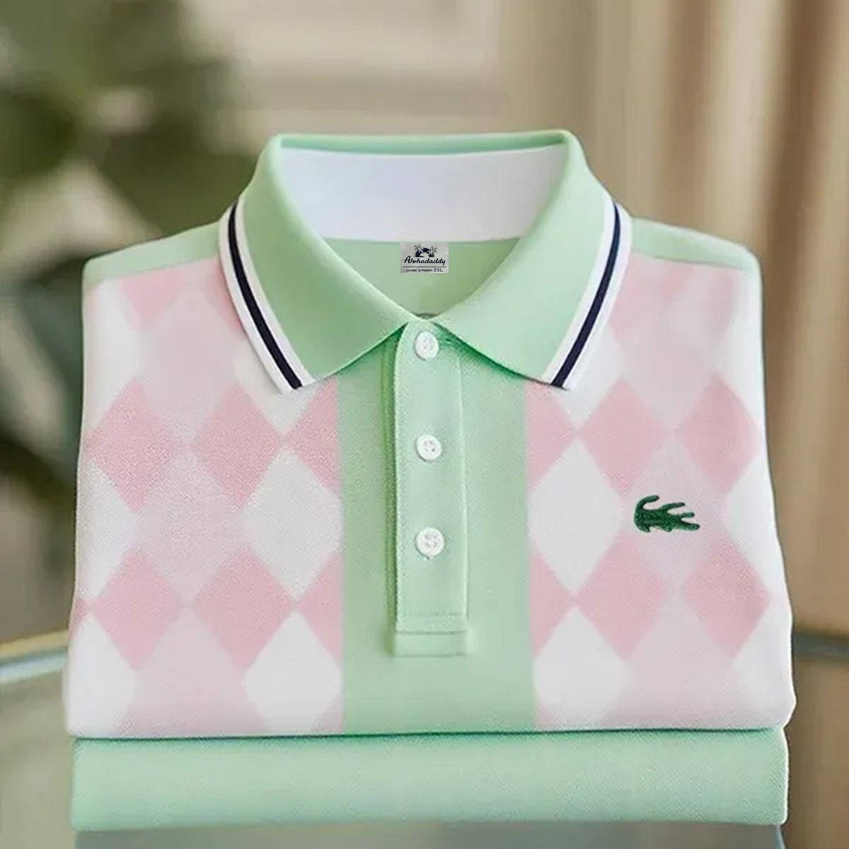 Alohadaddy® Business Casual Plaid Logo Print Glossy Elastic Button Men's Long Sleeve Polo Shirt Big & Tall