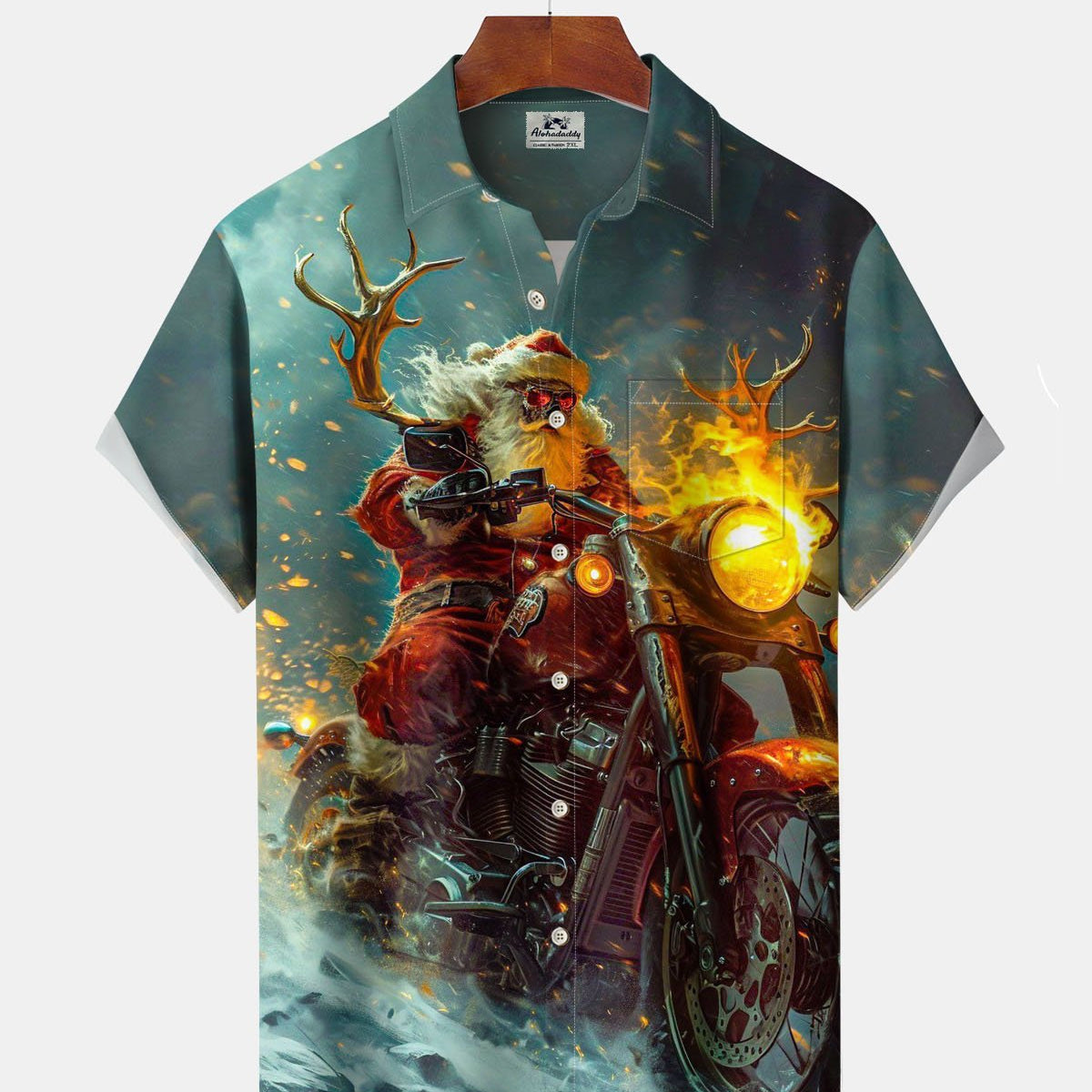 Alohadaddy® Christmas Scary Santa Motorcycle Art Print Stretch Button Pocket Men's Short Sleeve Shirt Big & Tall