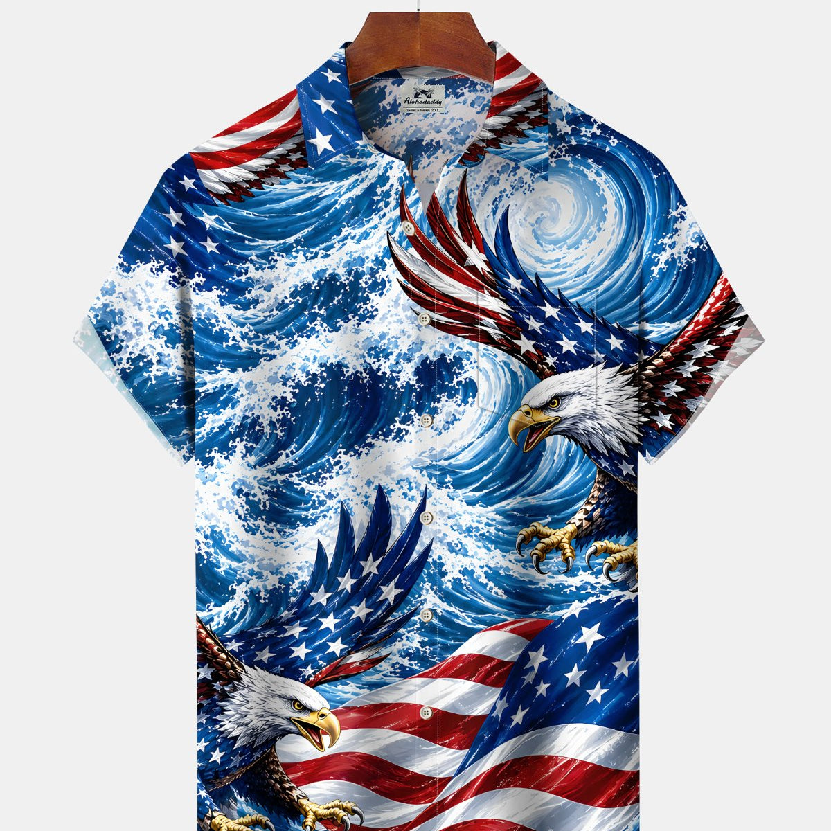 Alohadaddy® Men's Short-Sleeve Button-Down Shirt – Vintage Flag Print with Pocket