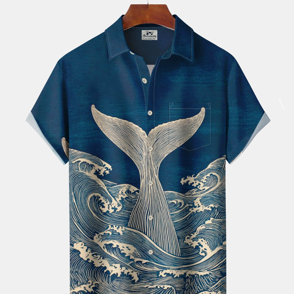 Alohadaddy® Men's Short-Sleeve Button-Down Shirt Featuring a Fish-Tail and Wave Art Print with Pockets