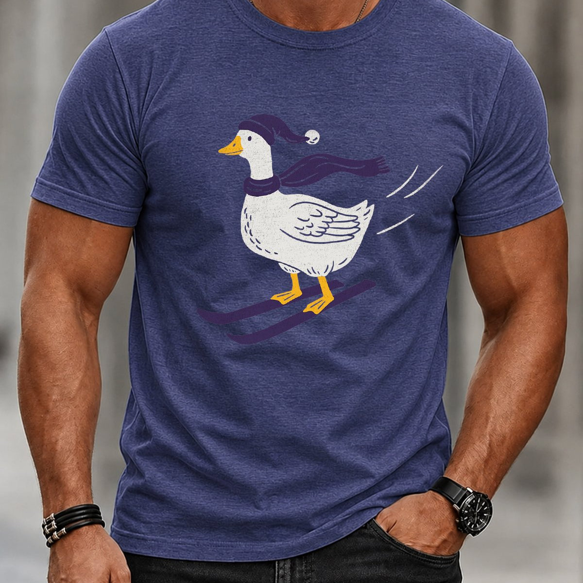 Alohadaddy® Men's Casual Short-Sleeve Crewneck T-Shirt with Skiing Duck Print