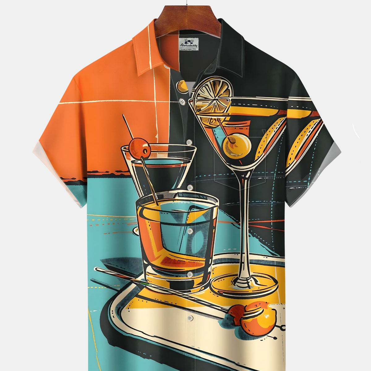 Alohadaddy® Men's Short-Sleeve Button-Down Shirt Retro Geometric Atomic Print with Pocket