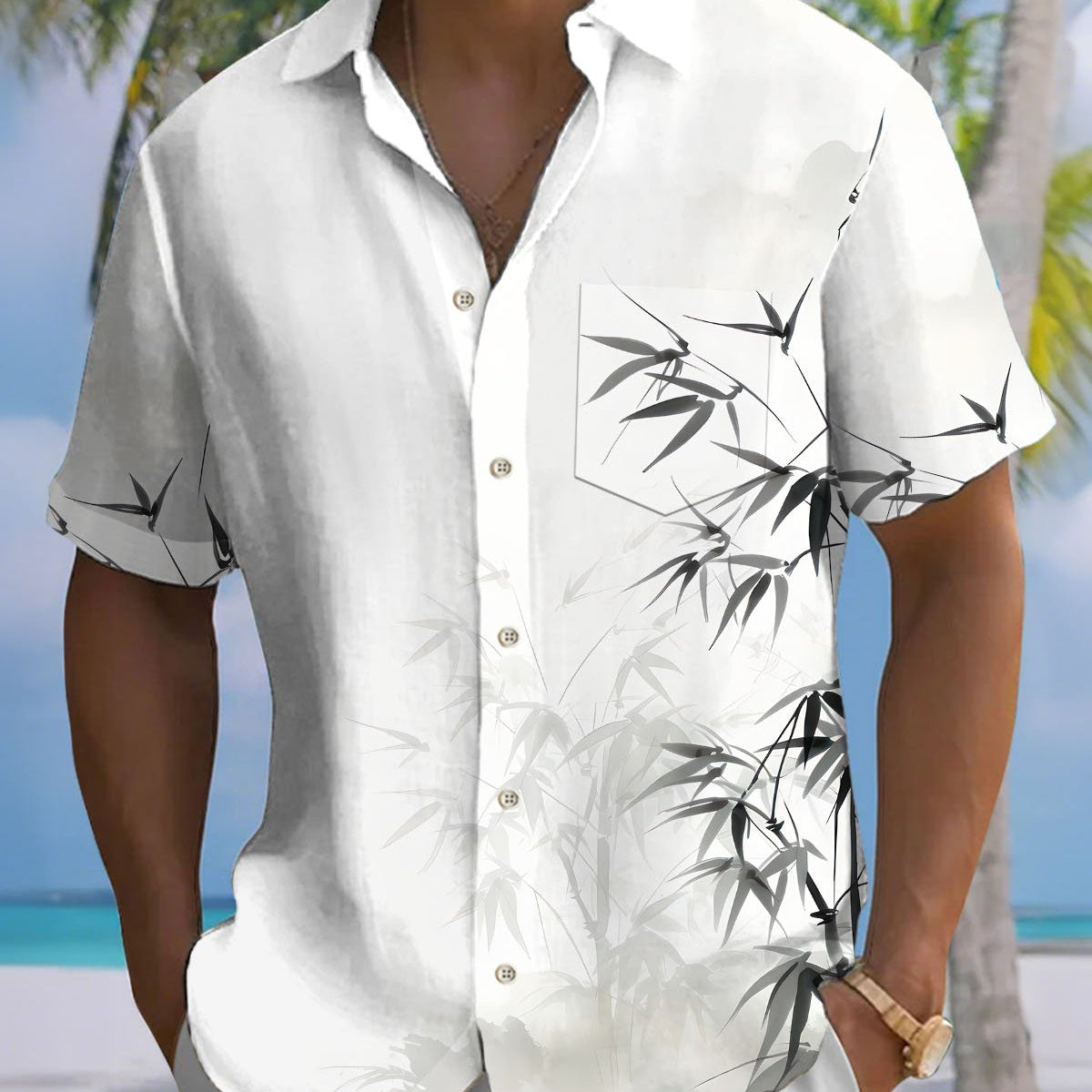 Alohadaddy® Casual Bamboo Print Artistic Button Pocket Cardigan Men's Short Sleeve Shirt Big & Tall