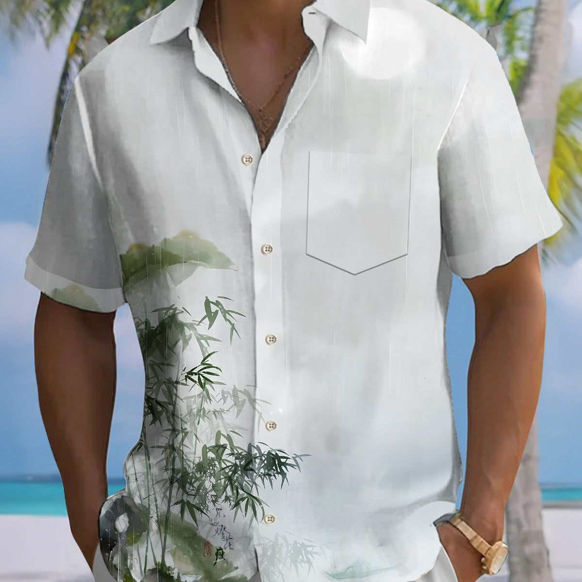 Alohadaddy® Hawaiian Bamboo Print Art Button Pocket Cardigan Men's Short Sleeve Shirt