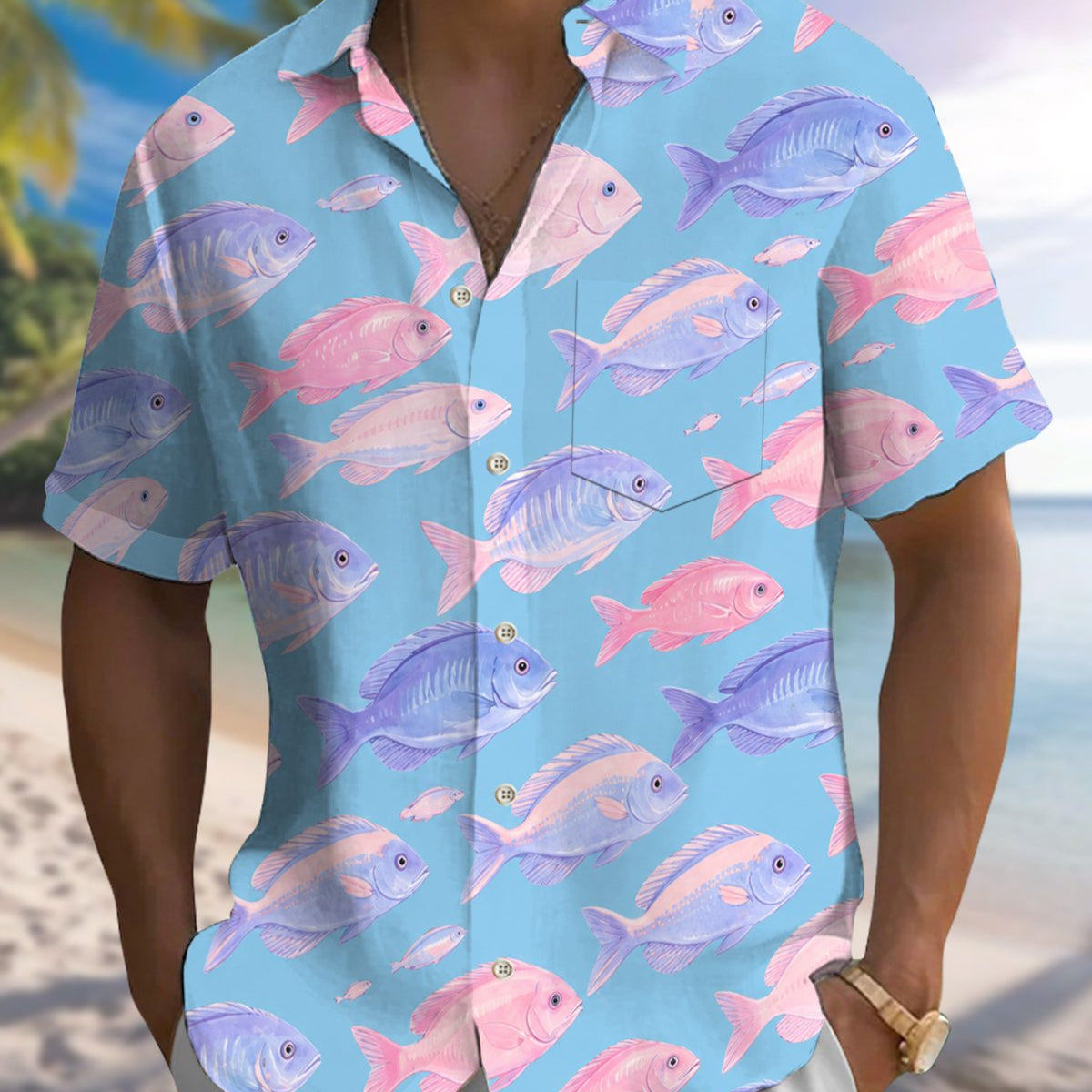 Alohadaddy® Hawaiian Fish Print Art Button Pocket Cardigan Men's Short Sleeve Shirt