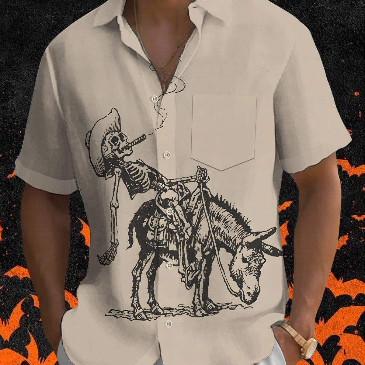 Alohadaddy® Men's Short-Sleeve Button-Down Shirt Casual Style with Skull & Cowboy Art Print and Chest Pocket